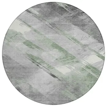 8' Artichoke Green And Gray Round Striped Washable Indoor Outdoor Area Rug