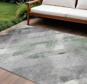 8' X 10' Artichoke Green And Gray Striped Washable Indoor Outdoor Area Rug