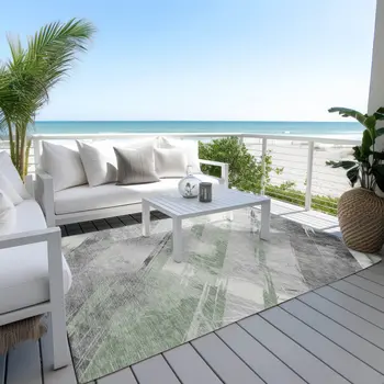 8' X 10' Artichoke Green And Gray Striped Washable Indoor Outdoor Area Rug