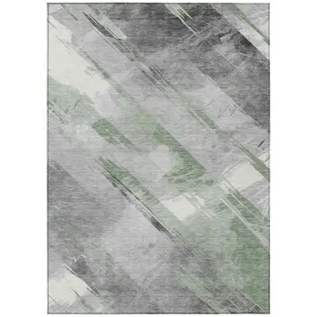 8' X 10' Artichoke Green And Gray Striped Washable Indoor Outdoor Area Rug