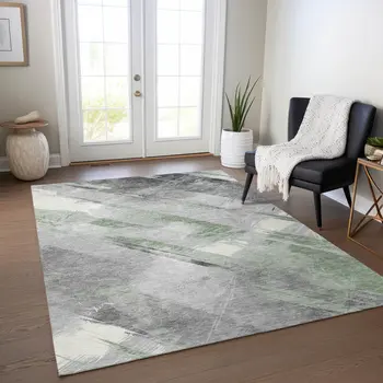 8' X 10' Artichoke Green And Gray Striped Washable Indoor Outdoor Area Rug