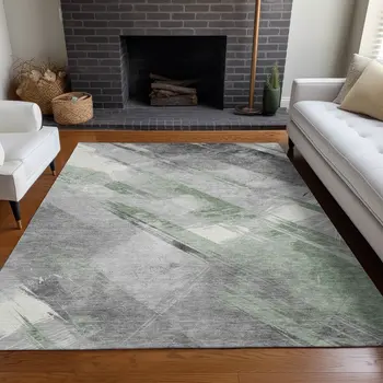 8' X 10' Artichoke Green And Gray Striped Washable Indoor Outdoor Area Rug
