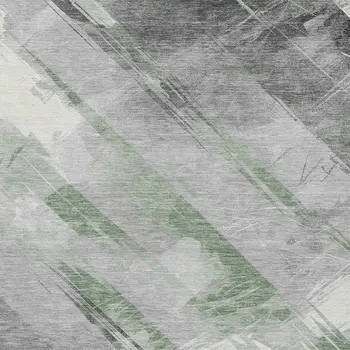 9' X 12' Artichoke Green And Gray Striped Washable Indoor Outdoor Area Rug