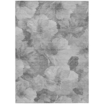 9' X 12' Gray And Charcoal Floral Washable Indoor Outdoor Area Rug