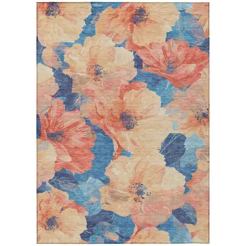 9' X 12' Peach And Blue Floral Washable Indoor Outdoor Area Rug