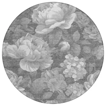 8' Gray And Charcoal Round Floral Washable Indoor Outdoor Area Rug
