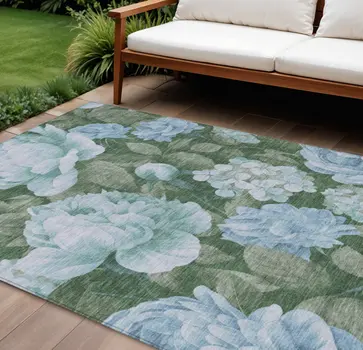 9' X 12' Sky Blue And Taupe Floral Washable Indoor Outdoor Area Rug