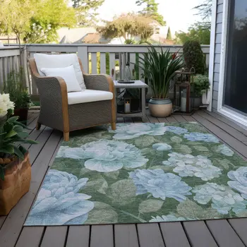 9' X 12' Sky Blue And Taupe Floral Washable Indoor Outdoor Area Rug