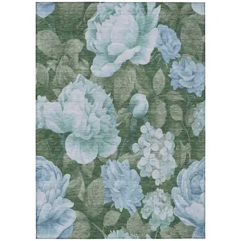 9' X 12' Sky Blue And Taupe Floral Washable Indoor Outdoor Area Rug