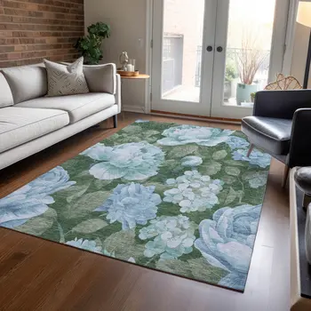 9' X 12' Sky Blue And Taupe Floral Washable Indoor Outdoor Area Rug