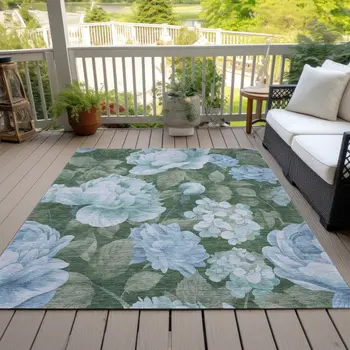 9' X 12' Sky Blue And Taupe Floral Washable Indoor Outdoor Area Rug