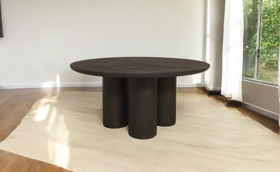 63" Dark Brown Solid Wood Round Top Dining Table