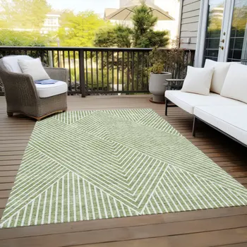 9' X 12' Sage And Ivory Geometric Washable Indoor Outdoor Area Rug