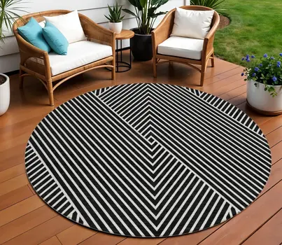 8' Black And Ivory Round Geometric Washable Indoor Outdoor Area Rug