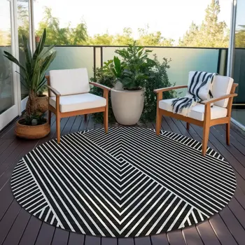 8' Black And Ivory Round Geometric Washable Indoor Outdoor Area Rug