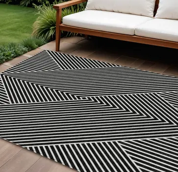 9' X 12' Black And Ivory Geometric Washable Indoor Outdoor Area Rug