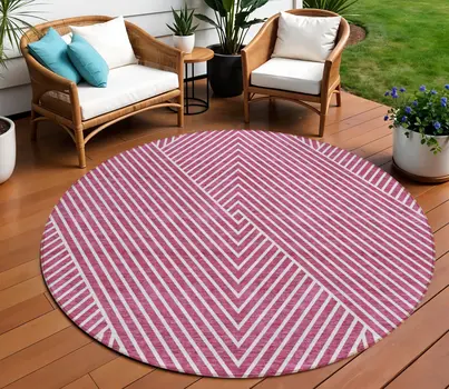 8' Blush And Ivory Round Geometric Washable Indoor Outdoor Area Rug