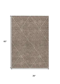 3' X 5' Brown And Ivory Geometric Washable Indoor Outdoor Area Rug