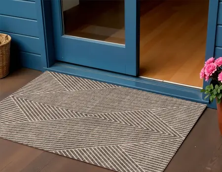3' X 5' Brown And Ivory Geometric Washable Indoor Outdoor Area Rug