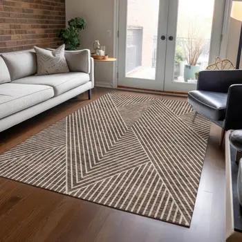 5' X 8' Brown And Ivory Geometric Washable Indoor Outdoor Area Rug