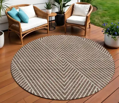 8' Brown And Ivory Round Geometric Washable Indoor Outdoor Area Rug