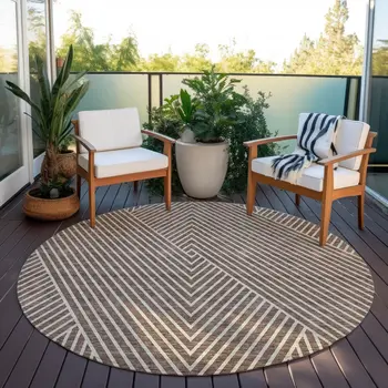 8' Brown And Ivory Round Geometric Washable Indoor Outdoor Area Rug