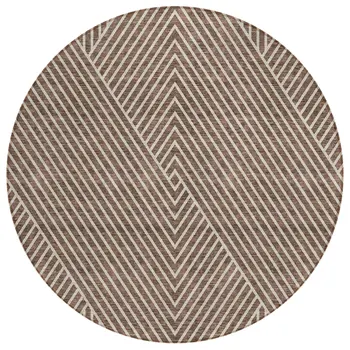 8' Brown And Ivory Round Geometric Washable Indoor Outdoor Area Rug
