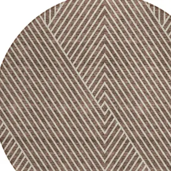 8' Brown And Ivory Round Geometric Washable Indoor Outdoor Area Rug
