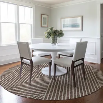 8' Brown And Ivory Round Geometric Washable Indoor Outdoor Area Rug
