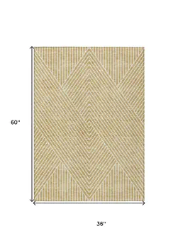 3' X 5' Gold And Ivory Geometric Washable Indoor Outdoor Area Rug
