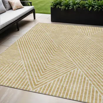 5' X 8' Gold And Ivory Geometric Washable Indoor Outdoor Area Rug