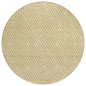 8' Gold And Ivory Round Geometric Washable Indoor Outdoor Area Rug