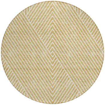 8' Gold And Ivory Round Geometric Washable Indoor Outdoor Area Rug