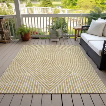 10' X 14' Gold And Ivory Geometric Washable Indoor Outdoor Area Rug
