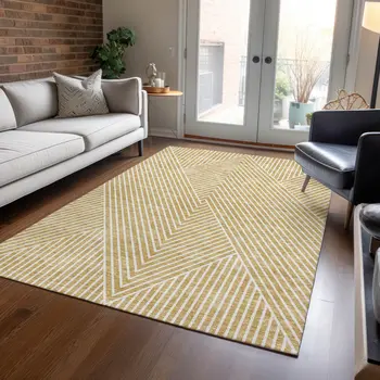 10' X 14' Gold And Ivory Geometric Washable Indoor Outdoor Area Rug