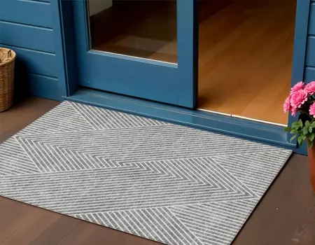 3' X 5' Gray And Ivory Geometric Washable Indoor Outdoor Area Rug