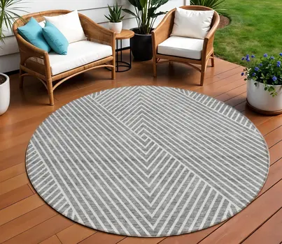 8' Gray And Ivory Round Geometric Washable Indoor Outdoor Area Rug