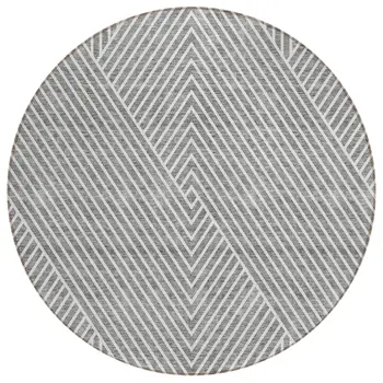8' Gray And Ivory Round Geometric Washable Indoor Outdoor Area Rug