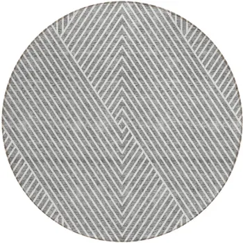 8' Gray And Ivory Round Geometric Washable Indoor Outdoor Area Rug