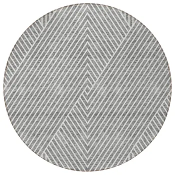 8' Gray And Ivory Round Geometric Washable Indoor Outdoor Area Rug