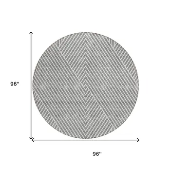 8' Gray And Ivory Round Geometric Washable Indoor Outdoor Area Rug