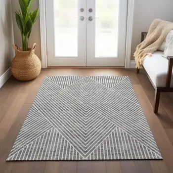 10' X 14' Gray And Ivory Geometric Washable Indoor Outdoor Area Rug