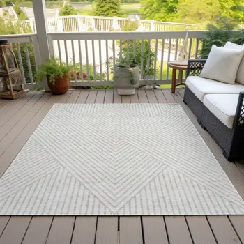 10' X 14' Ivory And Pale Beige Geometric Washable Indoor Outdoor Area Rug
