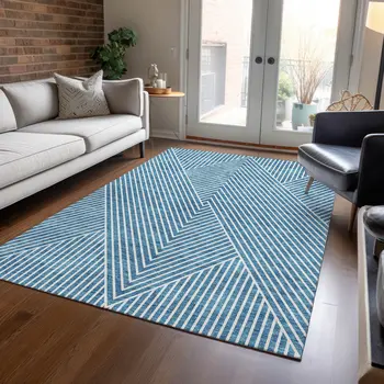 3' X 5' Teal Blue And Ivory Geometric Washable Indoor Outdoor Area Rug