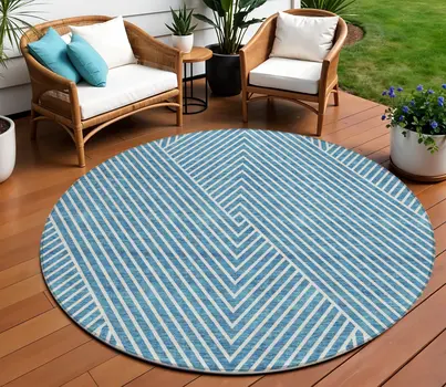 8' Teal Blue And Ivory Round Geometric Washable Indoor Outdoor Area Rug