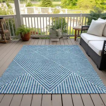 9' X 12' Teal Blue And Ivory Geometric Washable Indoor Outdoor Area Rug