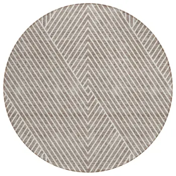 8' Taupe And Ivory Round Geometric Washable Indoor Outdoor Area Rug