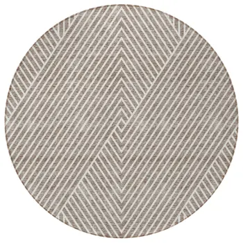 8' Taupe And Ivory Round Geometric Washable Indoor Outdoor Area Rug