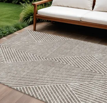 9' X 12' Taupe And Ivory Geometric Washable Indoor Outdoor Area Rug