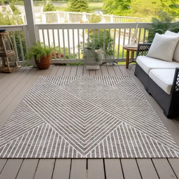 9' X 12' Taupe And Ivory Geometric Washable Indoor Outdoor Area Rug